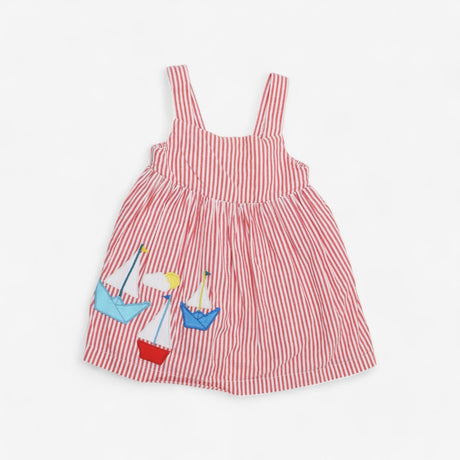 Red & white striped pinafore dress with applique s