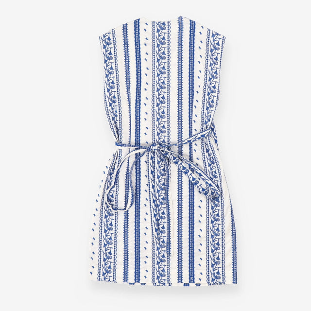 White and blue embroidered tie waist midi dress