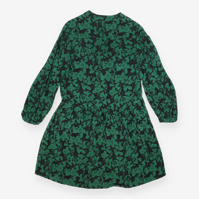 Floral Smock Dress Green Black Long Sleeve