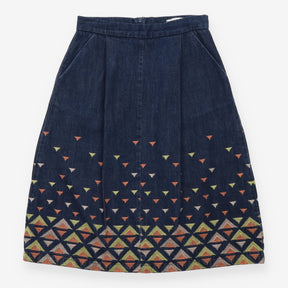 Midi Skirt Indigo Embroidered Geometric Cotton