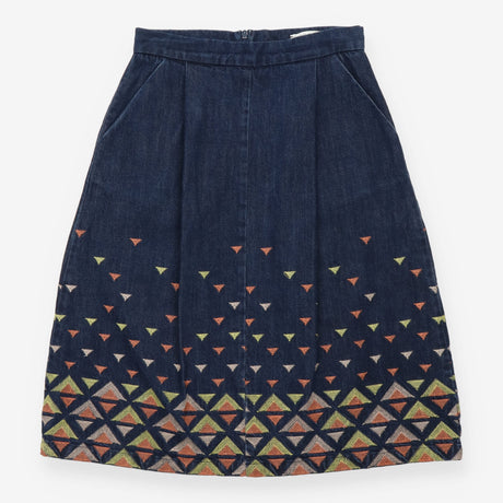 Midi Skirt Indigo Embroidered Geometric Cotton