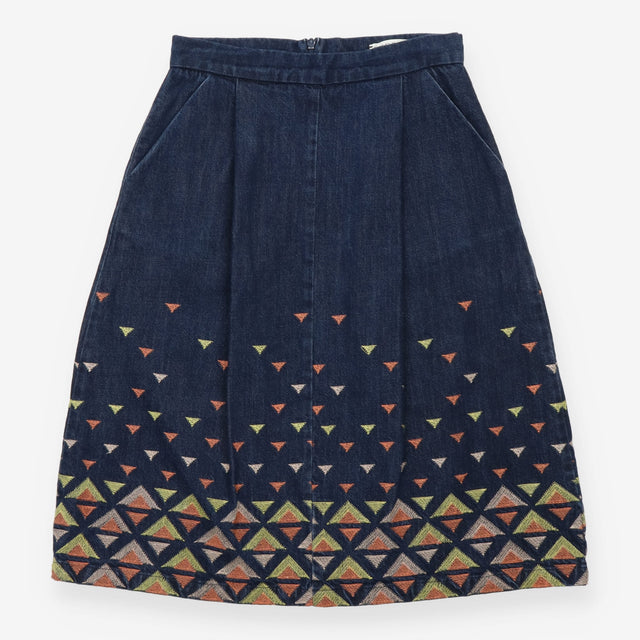 Midi Skirt Indigo Embroidered Geometric Cotton