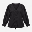 Black 100% Cotton Deep V Neck Button Down Tie Hem 