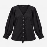 Black 100% Cotton Deep V Neck Button Down Tie Hem 