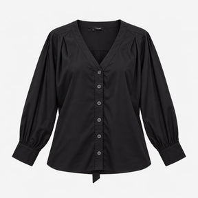 Black 100% Cotton Deep V Neck Button Down Tie Hem 
