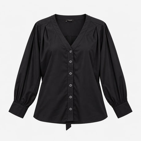 Black 100% Cotton Deep V Neck Button Down Tie Hem 