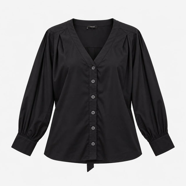 Black 100% Cotton Deep V Neck Button Down Tie Hem 