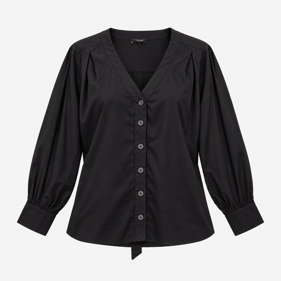 Black 100% Cotton Deep V Neck Button Down Tie Hem 