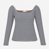 Jersey Top Navy White Stripe Square Neck Long Slee