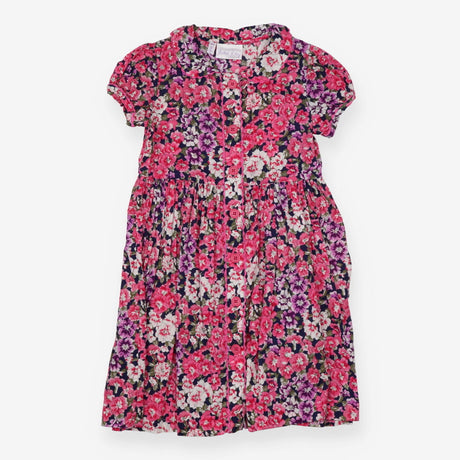 Navy dress with bold pink and purple flowers