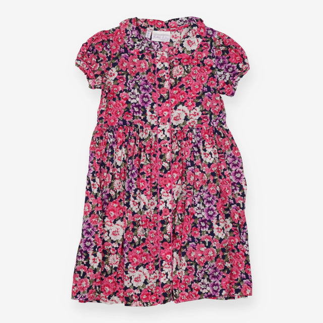 Navy dress with bold pink and purple flowers
