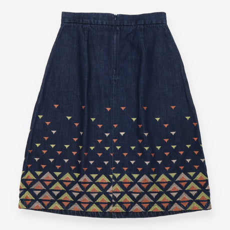 Midi Skirt Indigo Embroidered Geometric Cotton