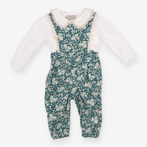 Outfit dungaree green floral with white shirt