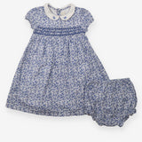 Dress SS and pants blue ditsy smocked white collar
