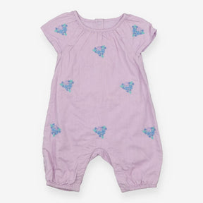 Purple romper with embroidered flowers