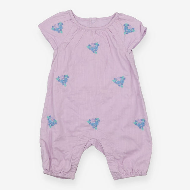 Purple romper with embroidered flowers