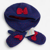 Knit beret and mittens navy blue with red bows