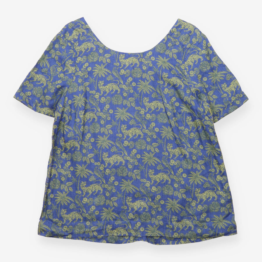 Top Blue Yellow Tiger Palm Print 100% Linen Short 