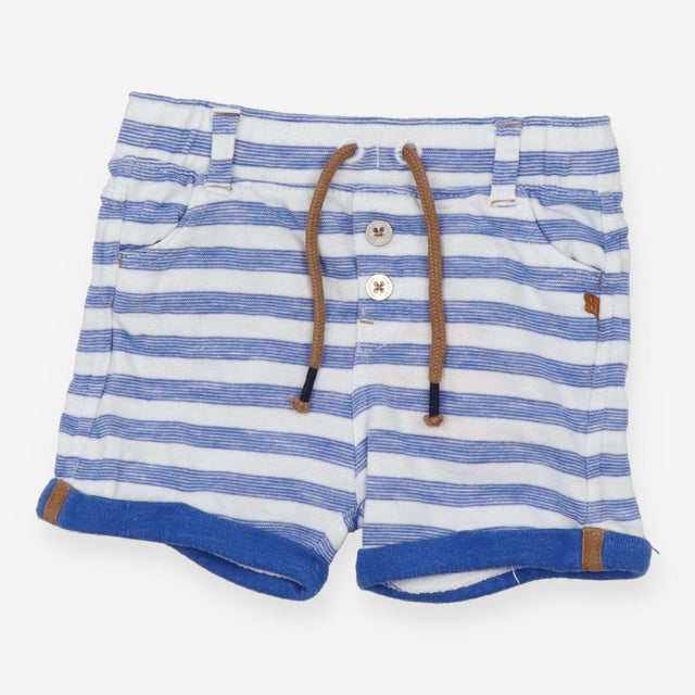 Blue and white stripe shorts with brown tie string