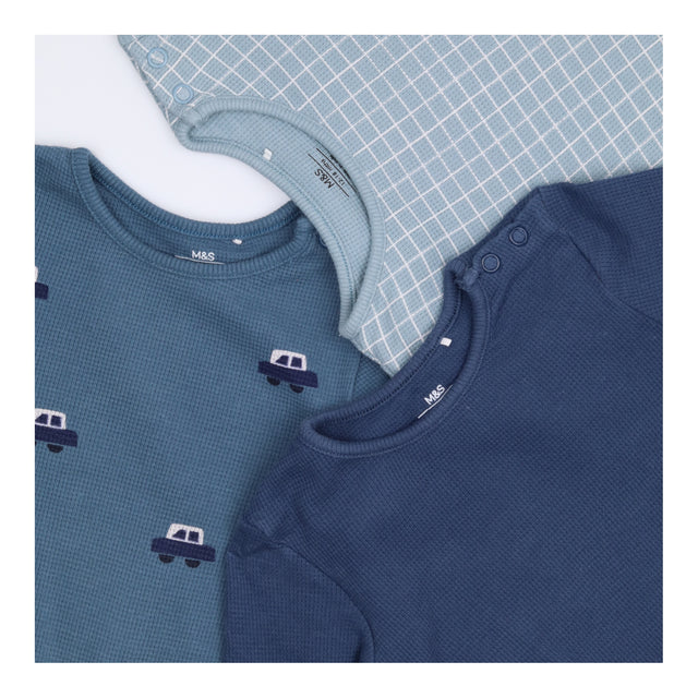 Bodysuits Long Sleeve Waffle Blue Mixed 3-Pack