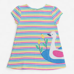 Jersey dress rainbow striped swan applique