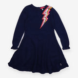 Dress Long Sleeve Knit Navy Sequin Lightning Bolt