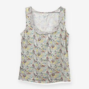 Grey Ditsy Floral Cotton Strappy Top Lace Ruffle T