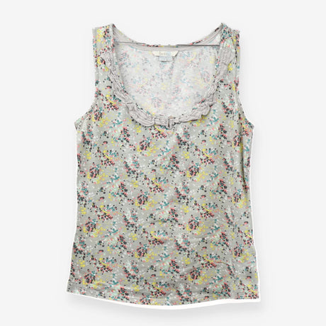 Grey Ditsy Floral Cotton Strappy Top Lace Ruffle T