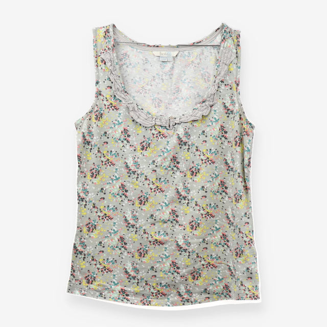 Grey Ditsy Floral Cotton Strappy Top Lace Ruffle T