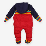 Pramsuit red and navy with rainbow stripes 