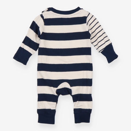 Angel and Rocket navy striped sleepsuit with red A