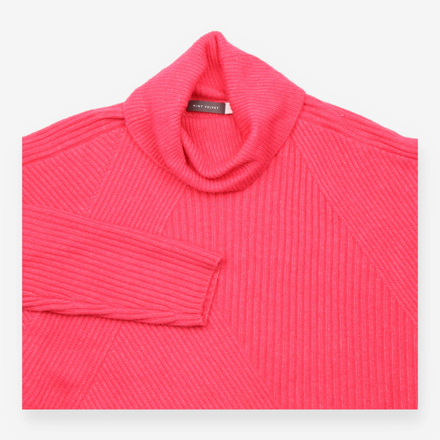 Cowl Neck Jumper Bright Pink Oversized Ribbed Knit