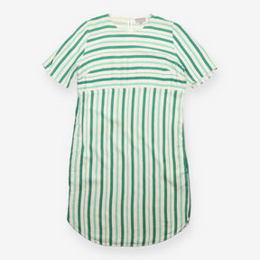 Green White Striped Viscose Linen Short Sleeve Dre
