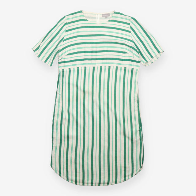 Green White Striped Viscose Linen Short Sleeve Dre