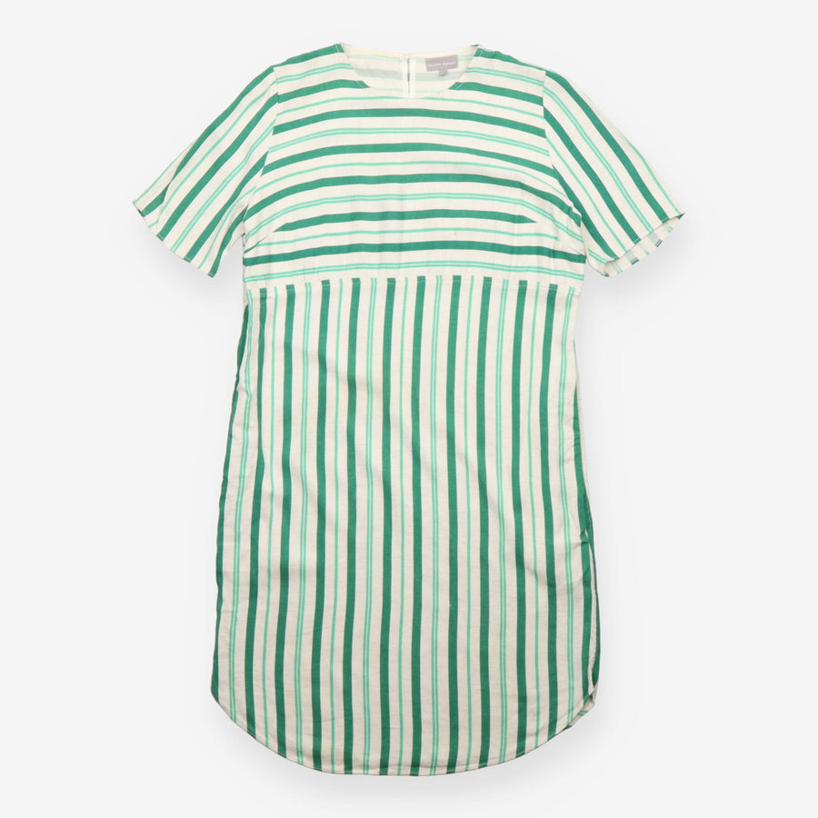 Green White Striped Viscose Linen Short Sleeve Dre