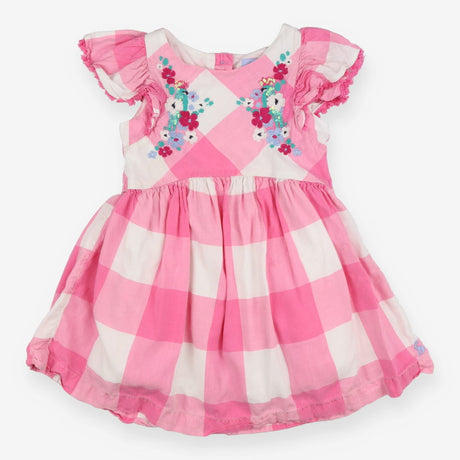 Pink & White Plaid Dress Flower Stitching