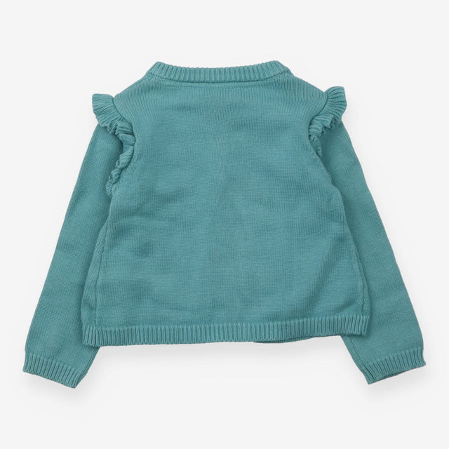 knit Cardigan Blue with Ruffle Shoulders and Embro