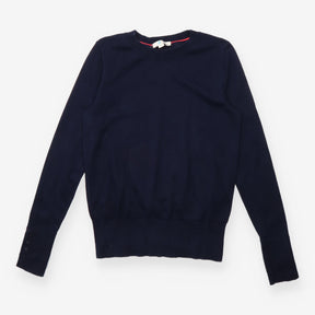 Jumper Navy Blue Fine Knit Crew Neck Button Cuff