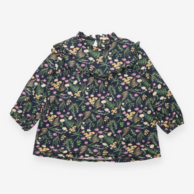 Floral Ruffle High Neck Cotton Top Navy Blue Padbu