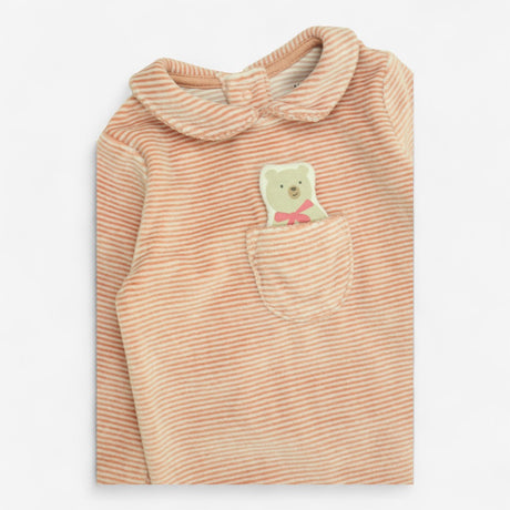 Sleepsuit Collared Velour Pink Stripe with Teddy