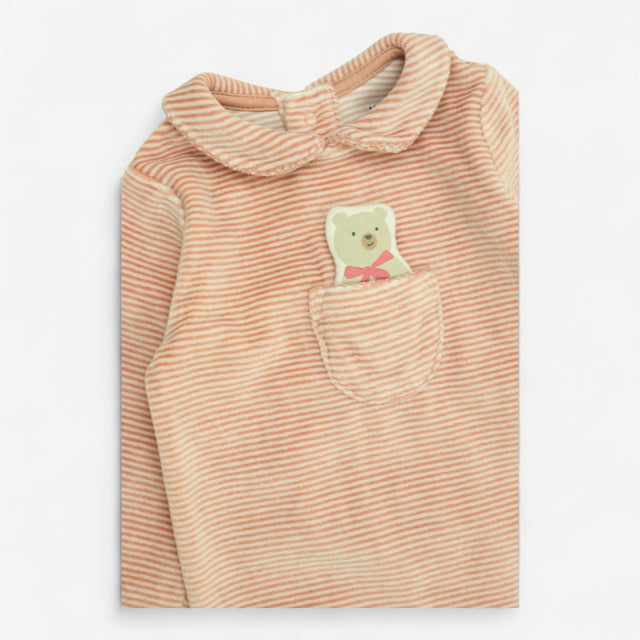 Sleepsuit Collared Velour Pink Stripe with Teddy