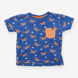 Tee SS blue orange crabs stripe pocket