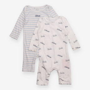 White and Blue Striped Sleepsuits with Trains