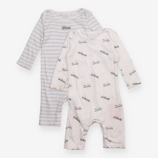 White and Blue Striped Sleepsuits with Trains