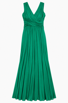 Emerald Green Ruched V-Neck Maxi Dress