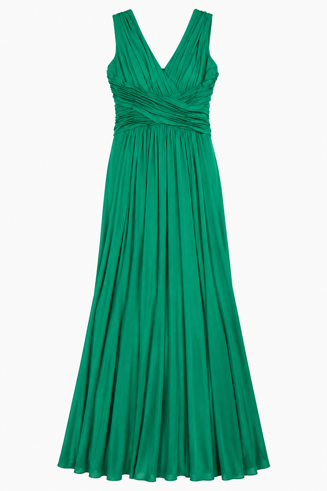 Emerald Green Ruched V-Neck Maxi Dress