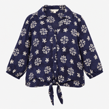 Blouse Printed Tie Front Navy Viscose Long Sleeve