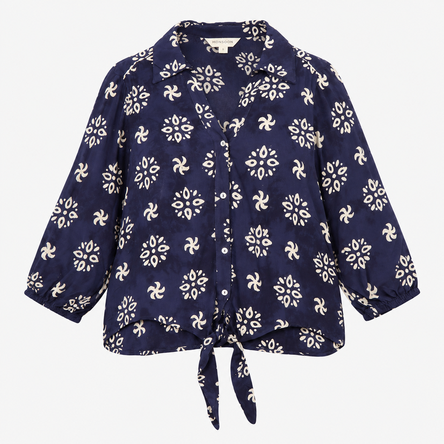 Blouse Printed Tie Front Navy Viscose Long Sleeve