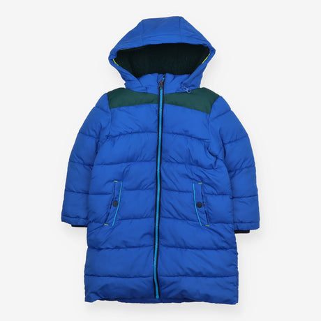 Long blue coat fleece lined hood green stripe