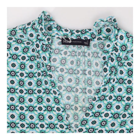 Blue Green Geometric V‑Neck Blouse – 3/4 Sleeve